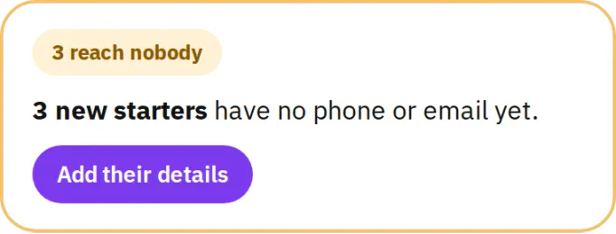 hr goat pointing out that 3 new employees have no phone or email yet, with a button to add their details