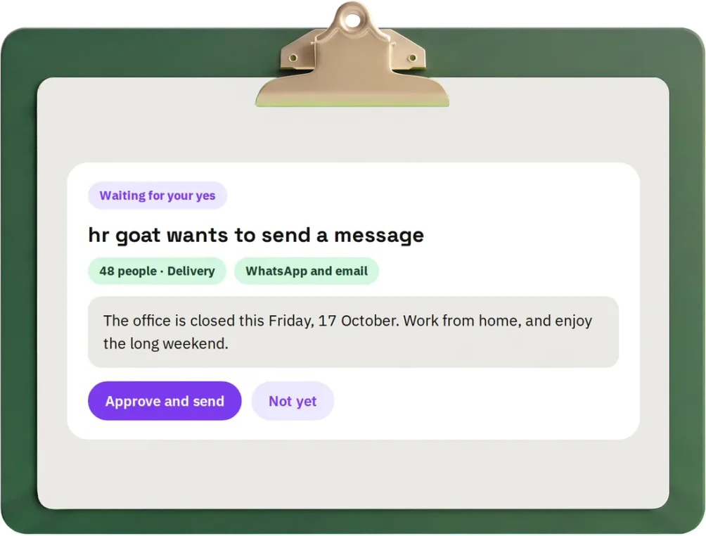 A message from hr goat to 48 people waiting for an admin to press Approve and send