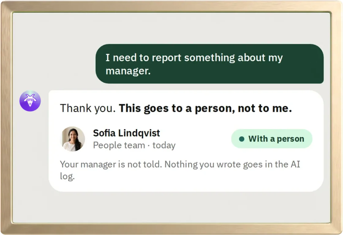 hr goat passing a report about a manager straight to a person on the People team, not handling it itself