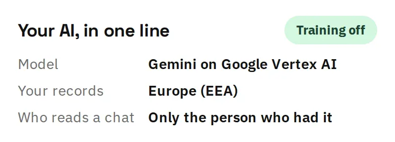 Gemini on Google Vertex AI, records in Europe, training off, and only the person who had a chat can read it