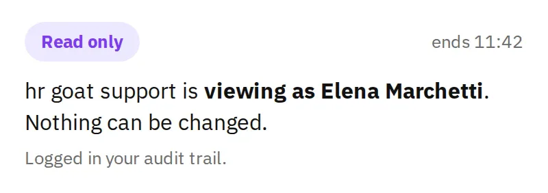 A read-only support session viewing as Elena Marchetti, ending at 11:42 and logged