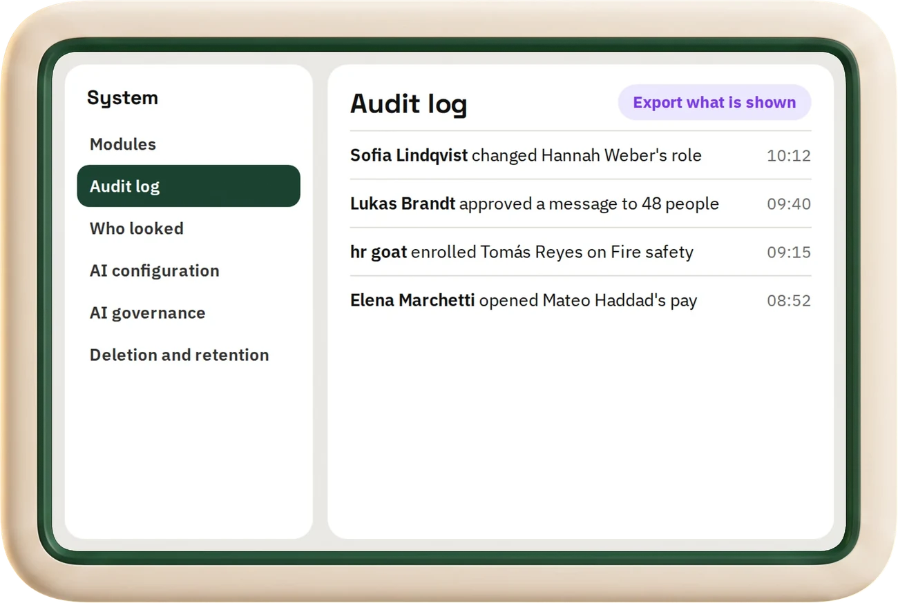 The hr goat System menu beside the Audit log: who changed what and when, with Export what is shown