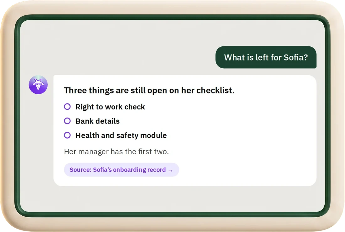 hr goat answering "What is left for Sofia?": Three things are still open on her checklist.