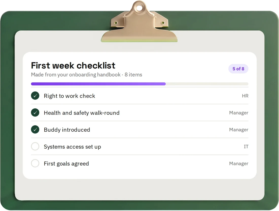A first week checklist in hr goat, made from an onboarding handbook: right to work, health and safety, buddy introduced, systems access, first goals