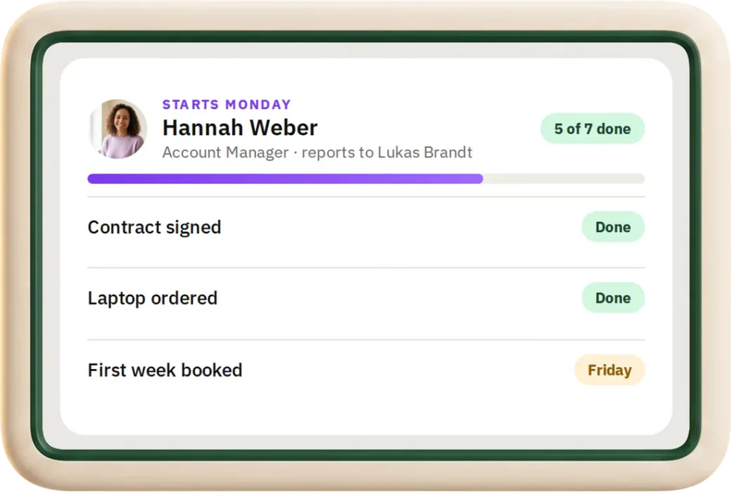 Hannah Weber starts Monday: 5 of 7 onboarding steps done, contract signed, laptop ordered, first week booked for Friday