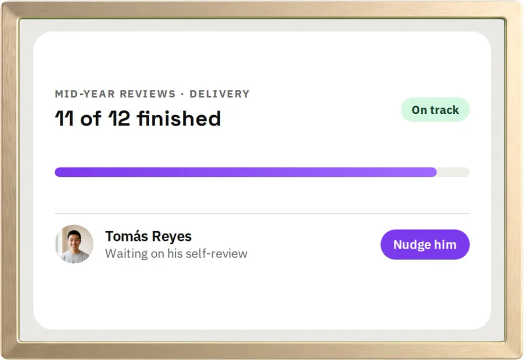 Mid-year reviews for Delivery: 11 of 12 finished, with a button to nudge the last person