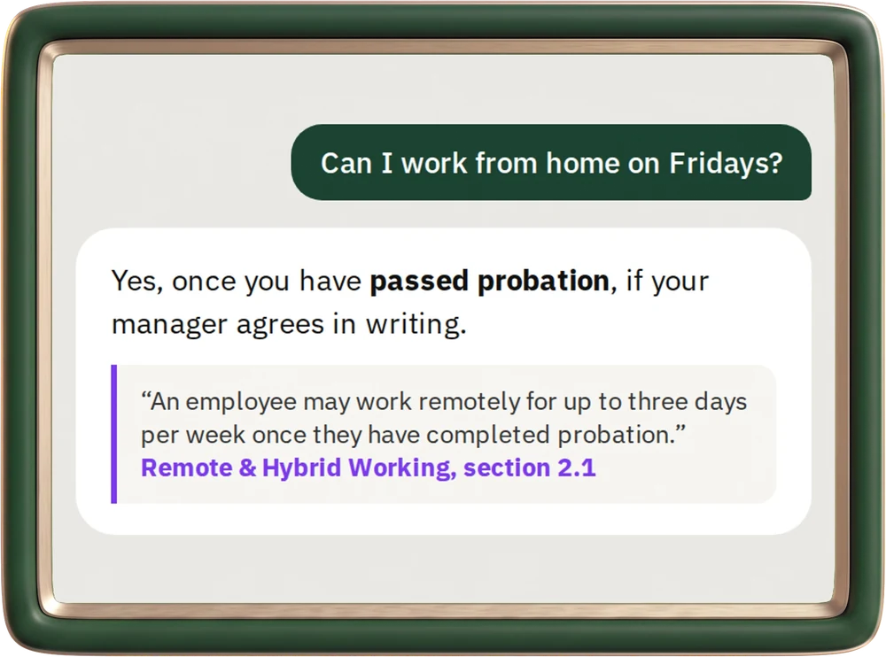 The assistant answering "Can I work from home on Fridays?" and quoting the policy section