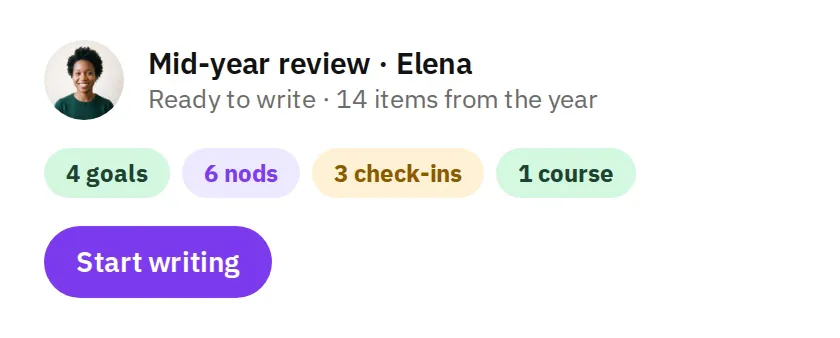 A mid-year review ready to write, with 14 items from the year: goals, nods, check-ins and a course