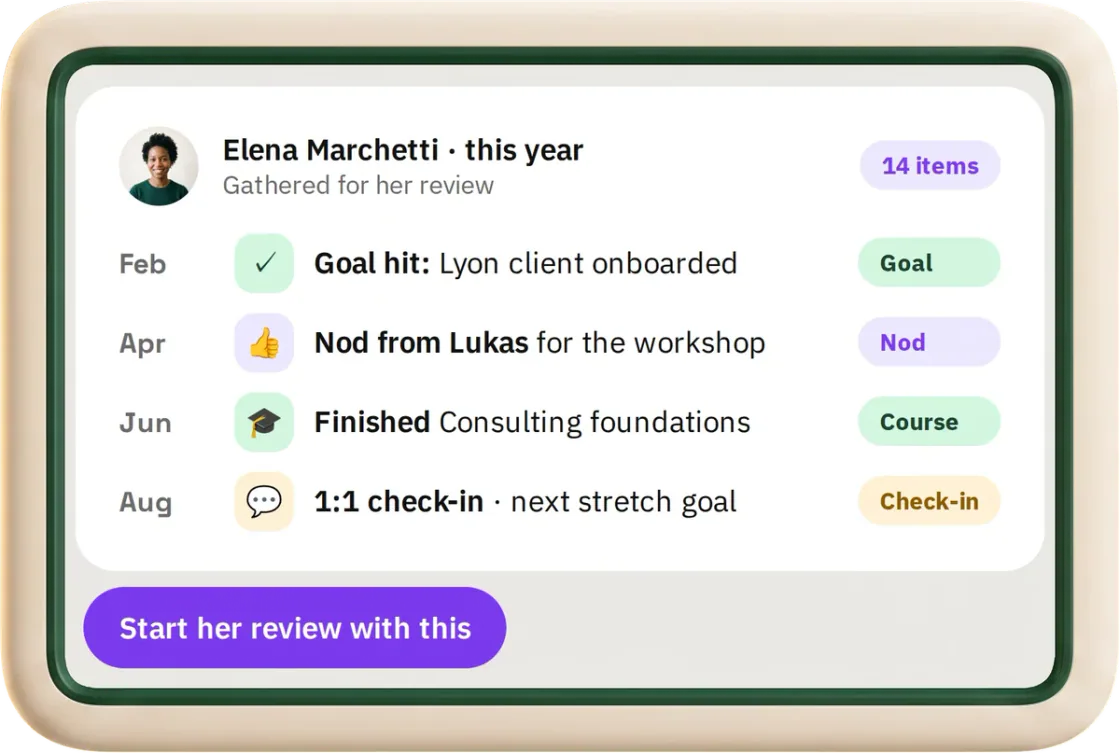 Elena's year in hr goat: a goal hit, a nod, a finished course and a check-in, gathered for her review