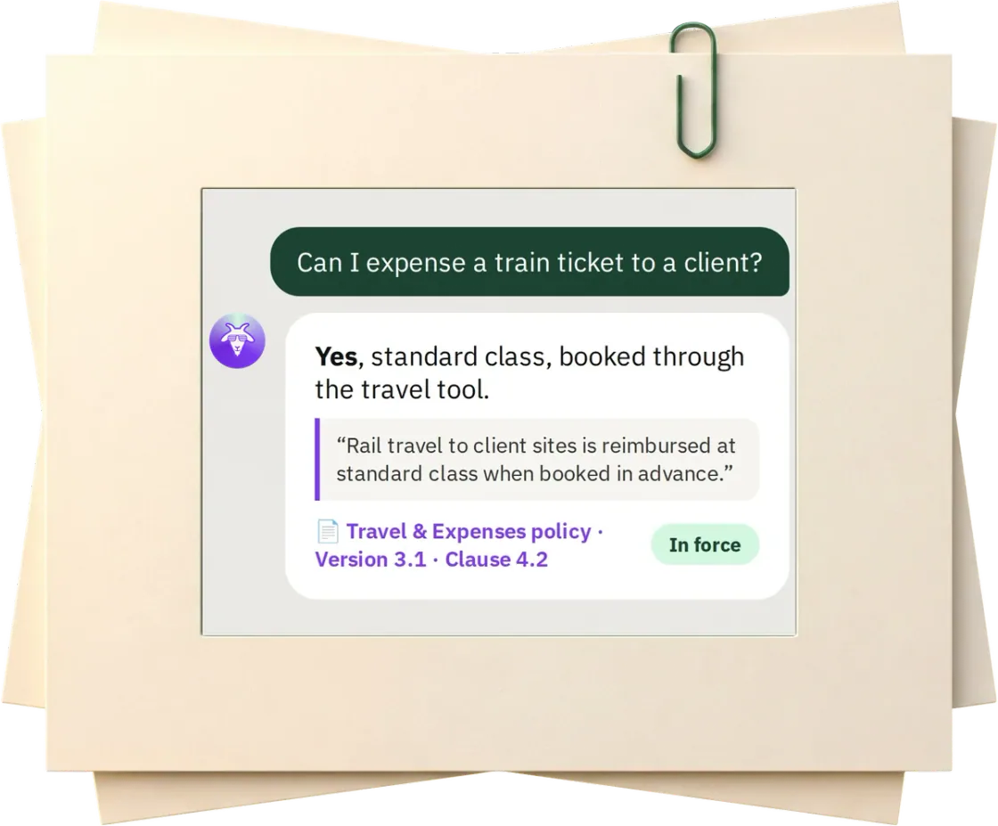 Asked 'Can I expense a train ticket to a client?', hr goat answers yes and quotes clause 4.2 of the Travel and Expenses policy, version 3.1, in force