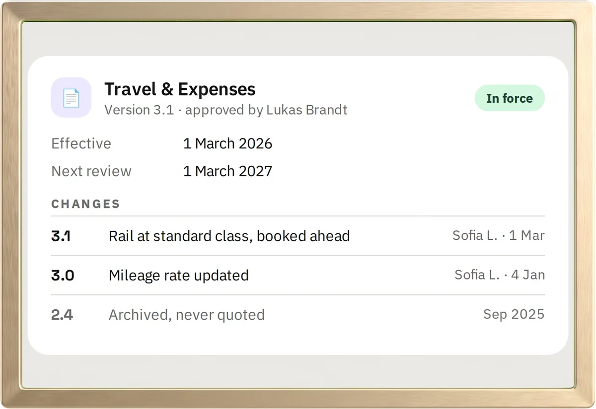 The receipt behind an answer: Travel and Expenses version 3.1, in force from 1 March 2026, who approved it and every change with its date
