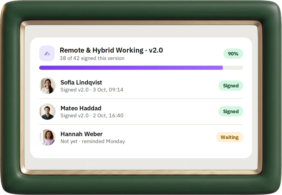 Who has signed Remote and Hybrid Working version 2.0: 38 of 42, each with the version and the time they signed