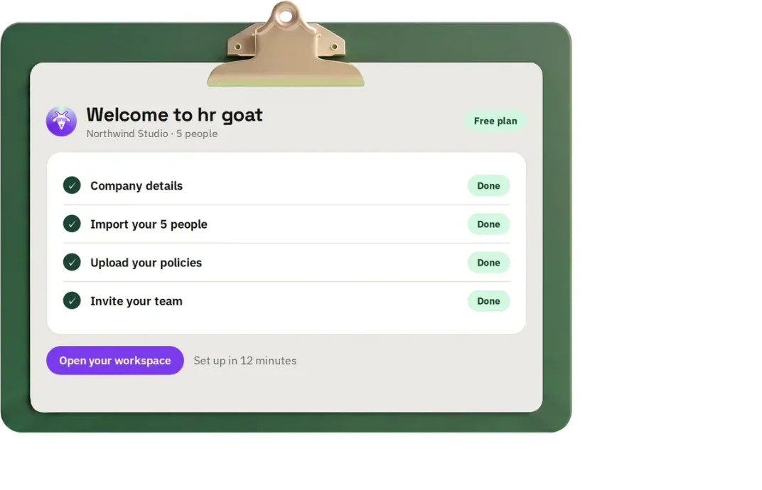 A five-person company set up in hr goat in 12 minutes, on the free plan