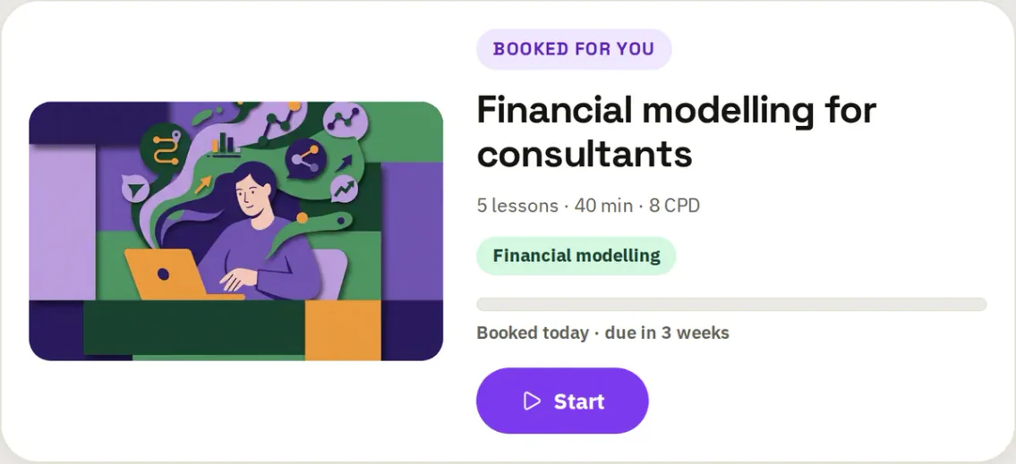 The course it booked: Financial modelling for consultants, booked today