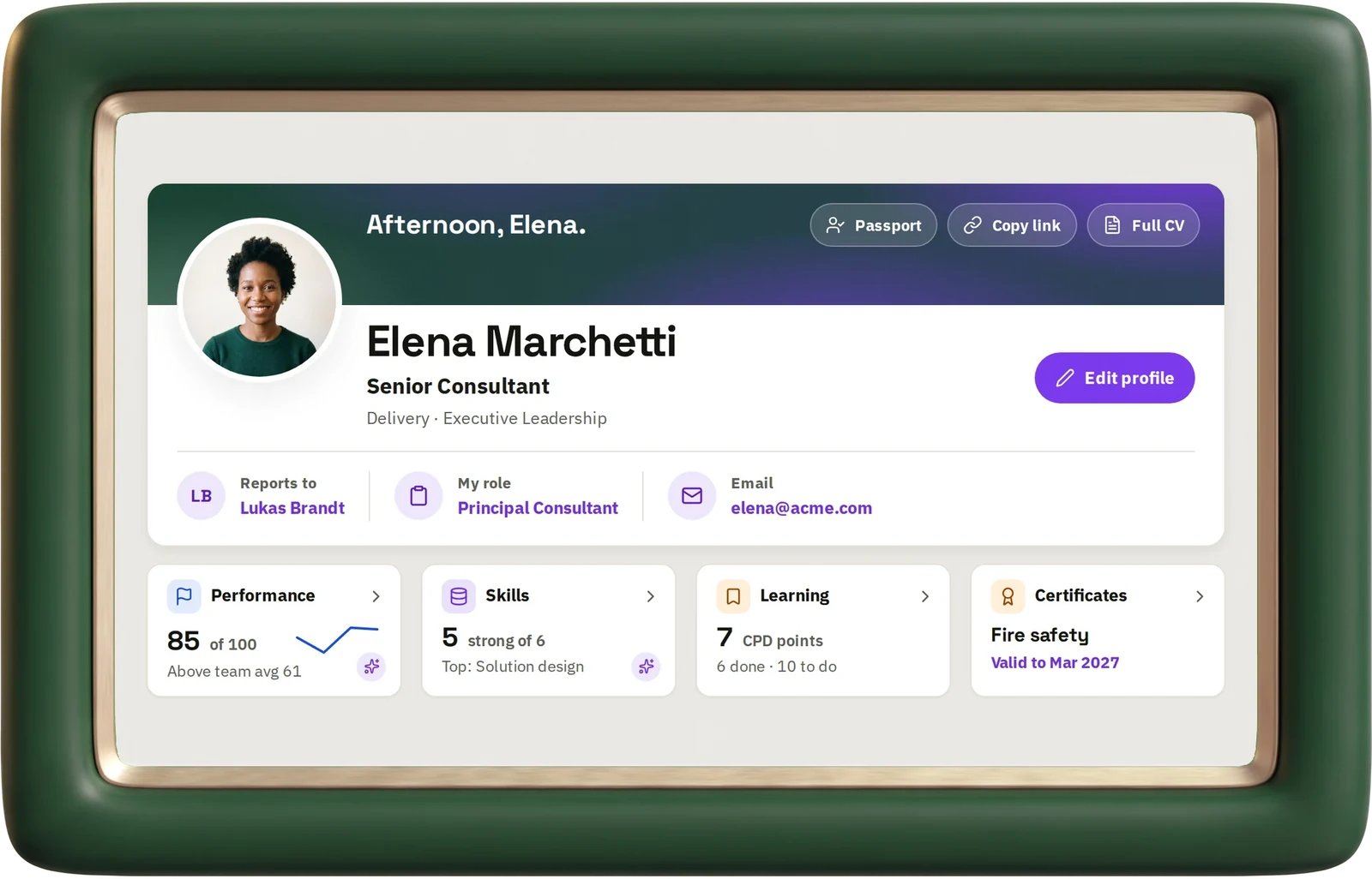 Elena Marchetti's profile in hr goat: performance, skills, learning and certificates side by side