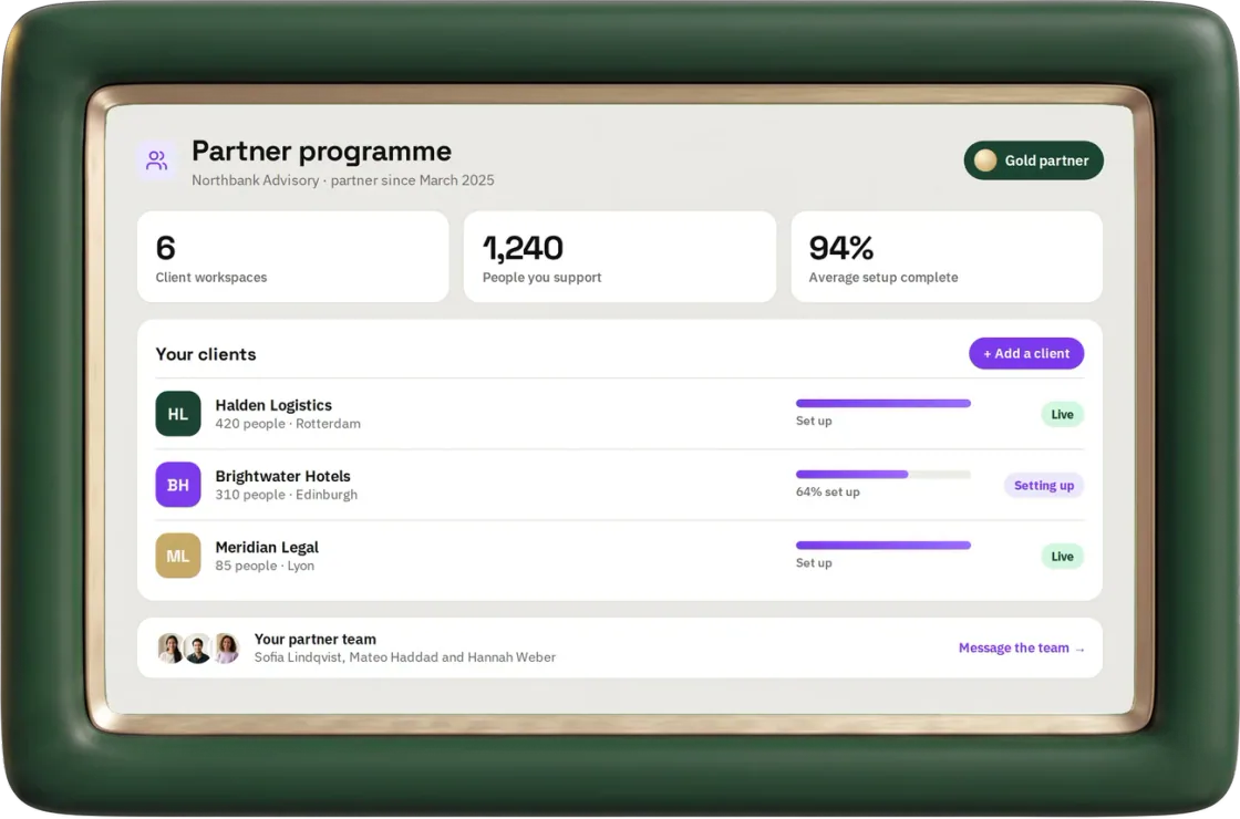 A partner's view of hr goat: their clients, how far each is set up, and their partner team