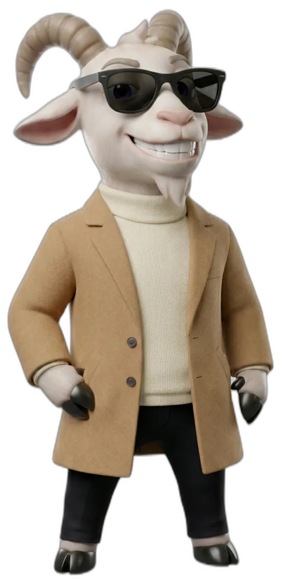 HR Goat Mascot in tailored camel coat