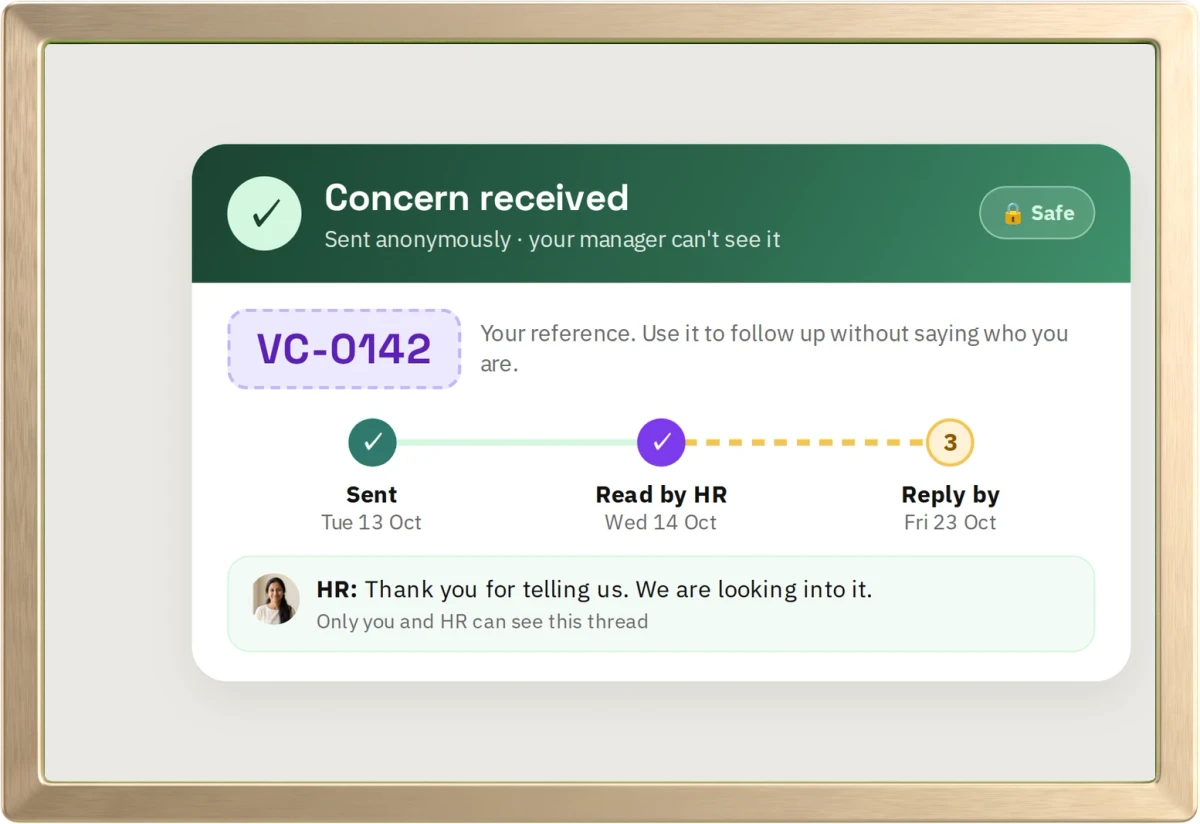 A concern received in hr goat: sent anonymously, reference VC-0142, read by HR on Wednesday 14 October, reply due Friday 23 October, with a first note from HR